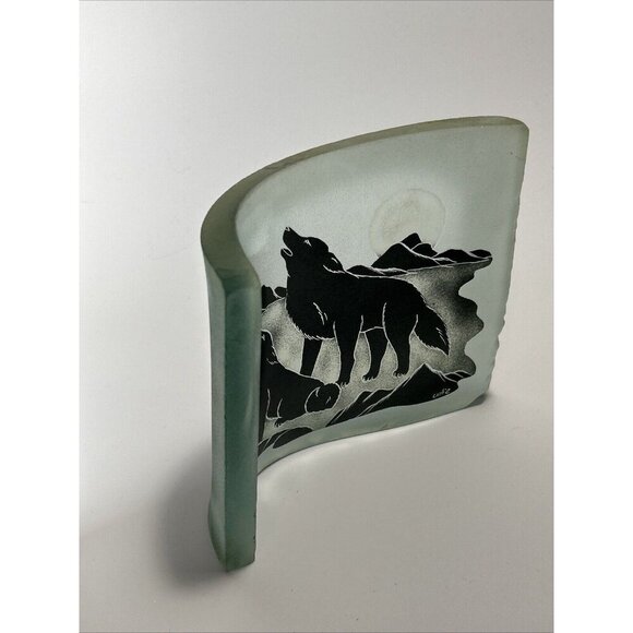 VTG SIKU Aqua Frosted Art Glass Wolf Etching Paperweight Canada Signed E2 - Picture 3 of 10